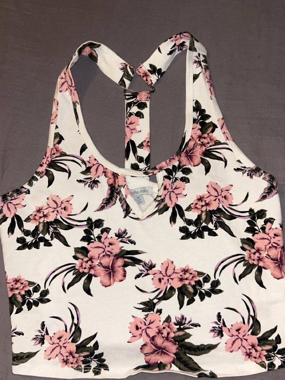 Charlotte Russe White Racerback Crop Top with Pink Floral Print